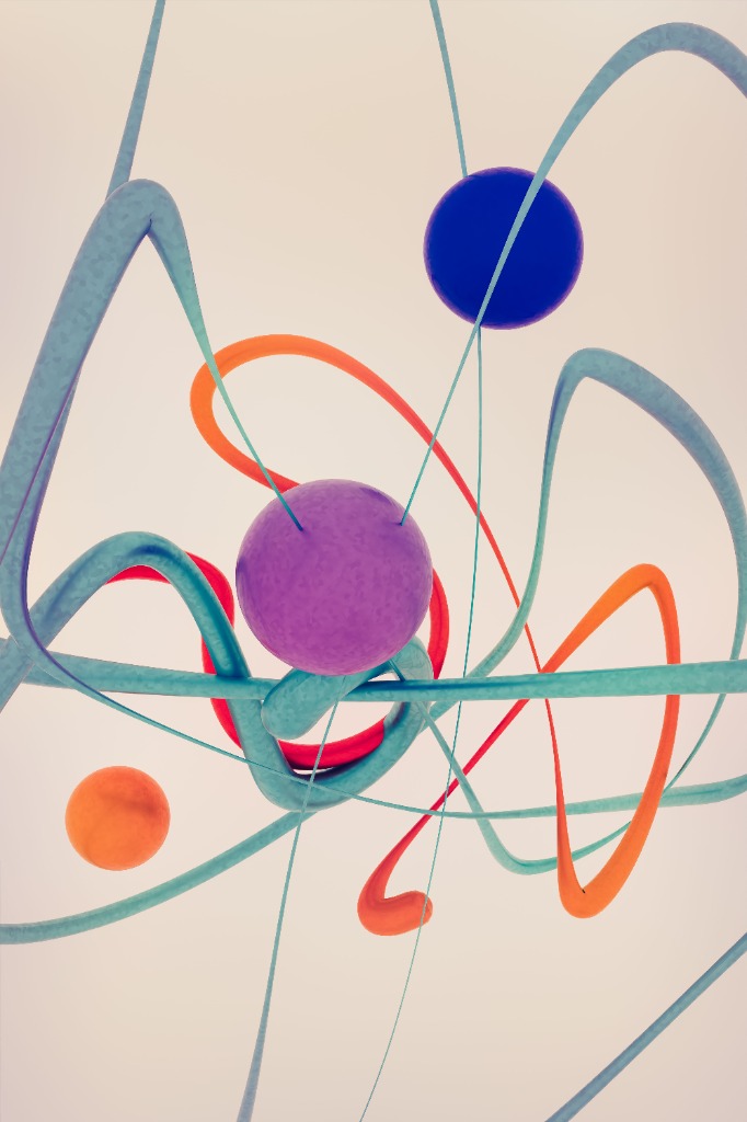 Abstract 3D render representing hormonal pathways and balance with colorful interconnected spheres and organic curved tubes