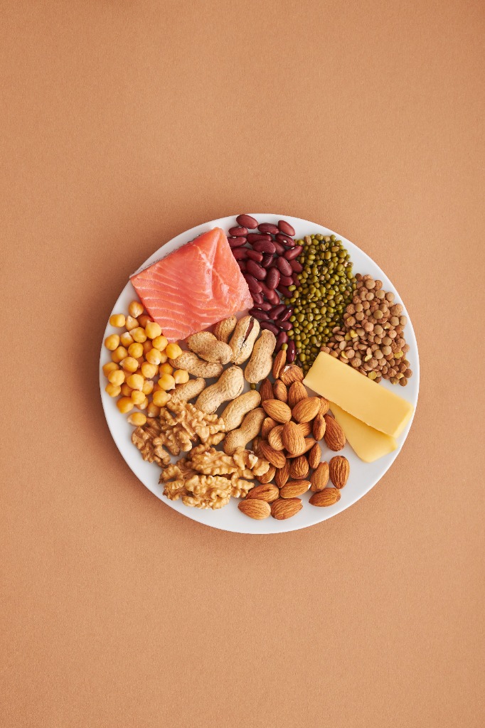 A healthy balanced plate with protein and fiber rich foods